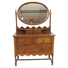 Antique Arts + Crafts Oak Mirror Back Barley Twist Vanity, Dresser, Scotland 1910, H783