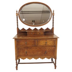 Arts + Crafts Oak Mirror Back Barley Twist Vanity, Dresser, Scotland 1910, H783