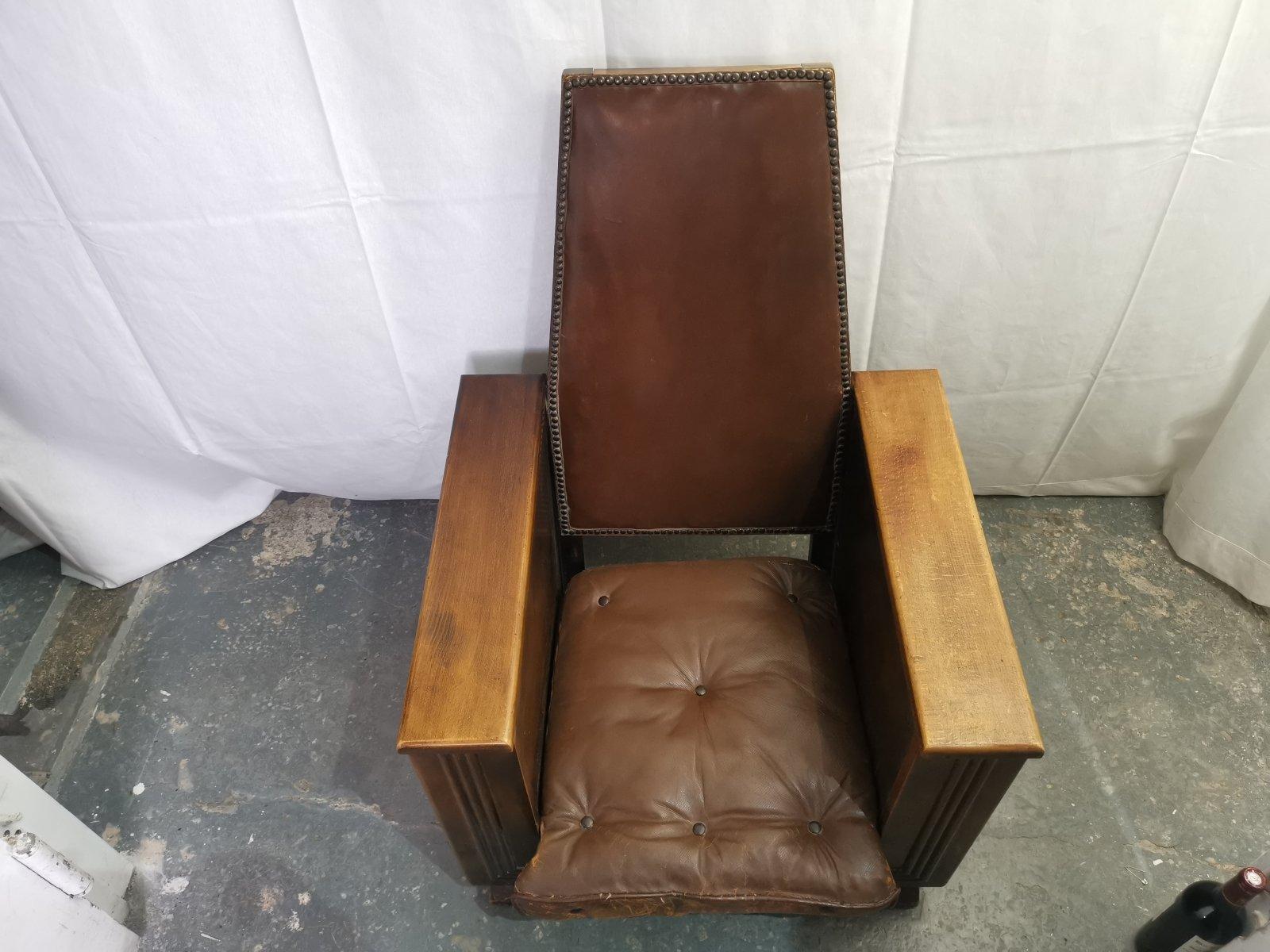 English Arts & Crafts Oak Reading Armchair with Magazine Rack & Bookshelves to Each Side