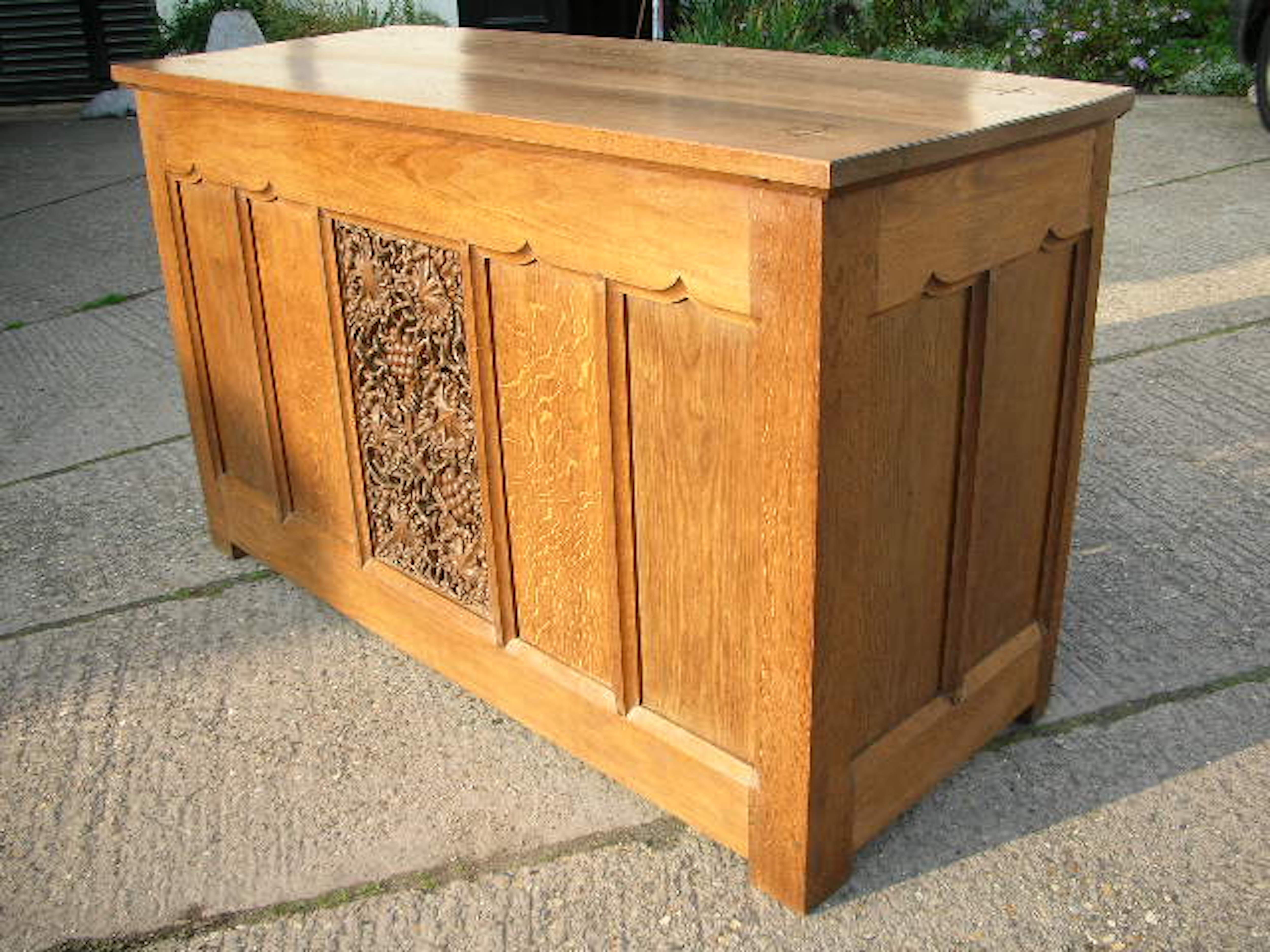 Arts and Crafts Arts & Crafts Oak Server Alta Table with a Finely Carved Centre Panel of Vines For Sale