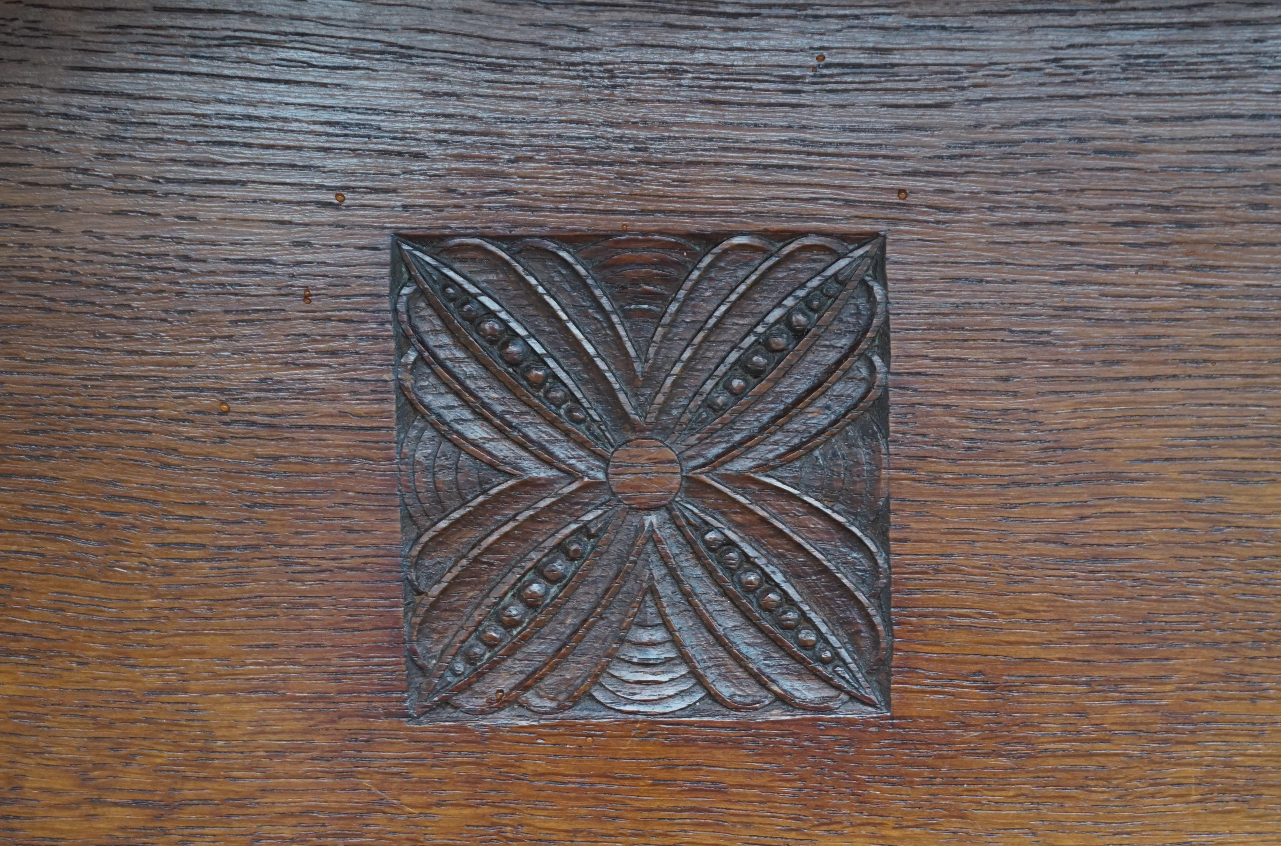 Arts & Crafts Oak Wall Coat Rack with Hand Carved Stylized Flowers & Brass Hooks 1