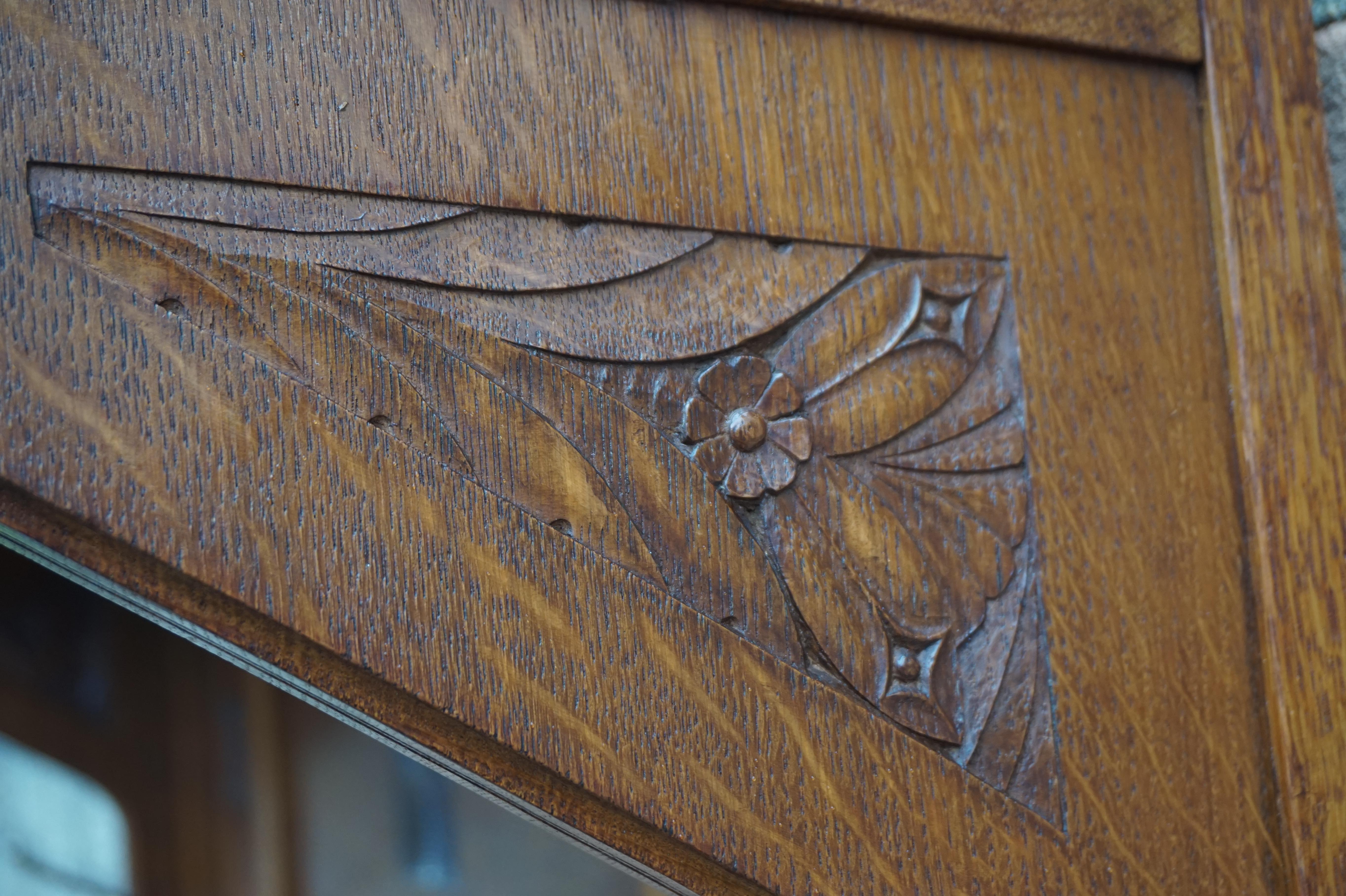 Arts & Crafts Oak Wall Coat Rack with Hand Carved Stylized Flowers & Brass Hooks 3