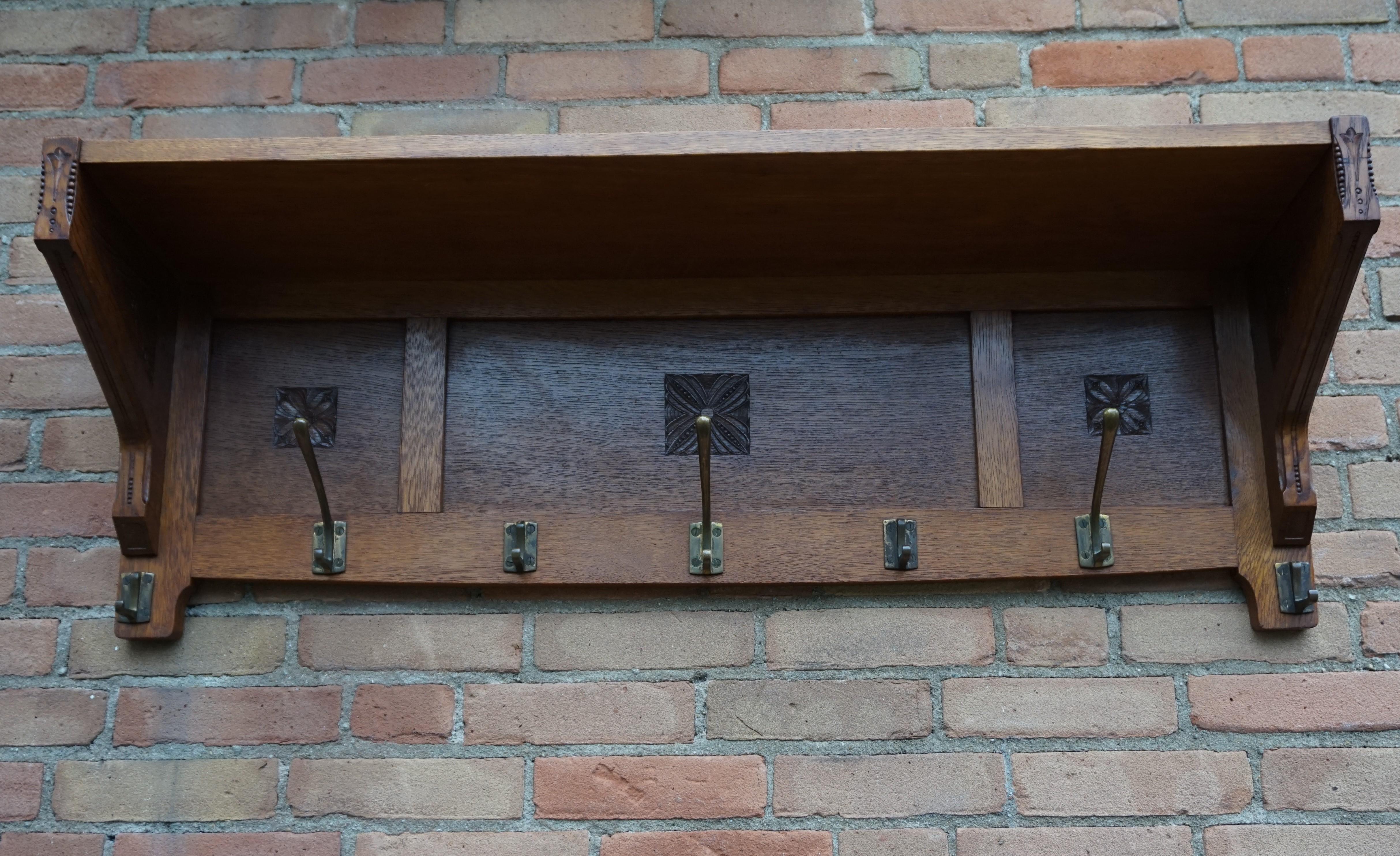 Arts & Crafts Oak Wall Coat Rack with Hand Carved Stylized Flowers & Brass Hooks 6