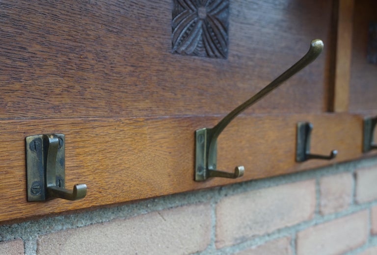 Arts and Crafts Oak Wall Coat Rack with Hand Carved Stylized Flowers ...
