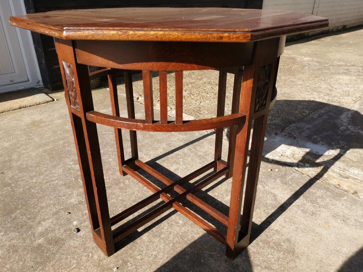 Scottish Arts & Crafts Octagonal Oak Centre or Side Table with Stylized Floral Carving