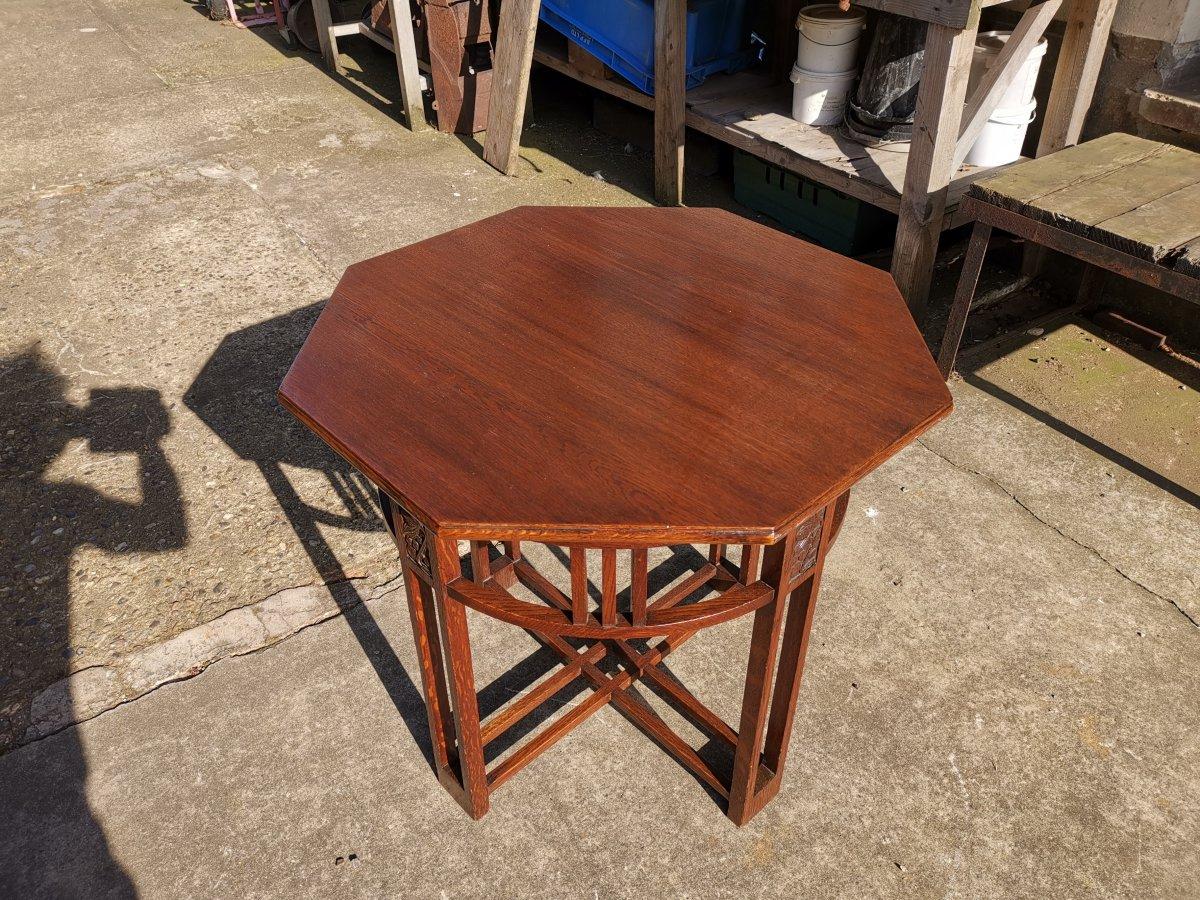 Hand-Crafted Arts & Crafts Octagonal Oak Centre or Side Table with Stylized Floral Carving