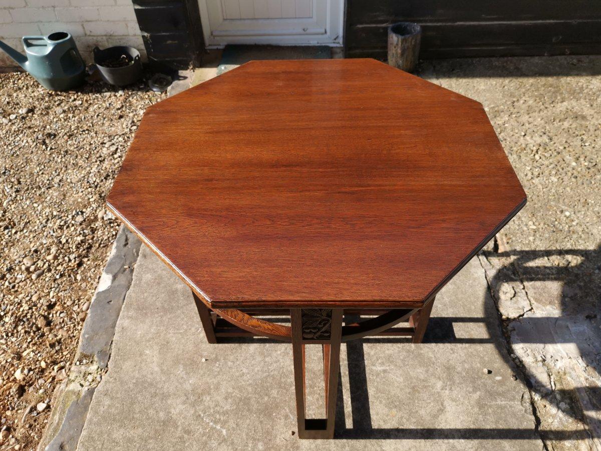 Arts & Crafts Octagonal Oak Centre or Side Table with Stylized Floral Carving In Good Condition In London, GB