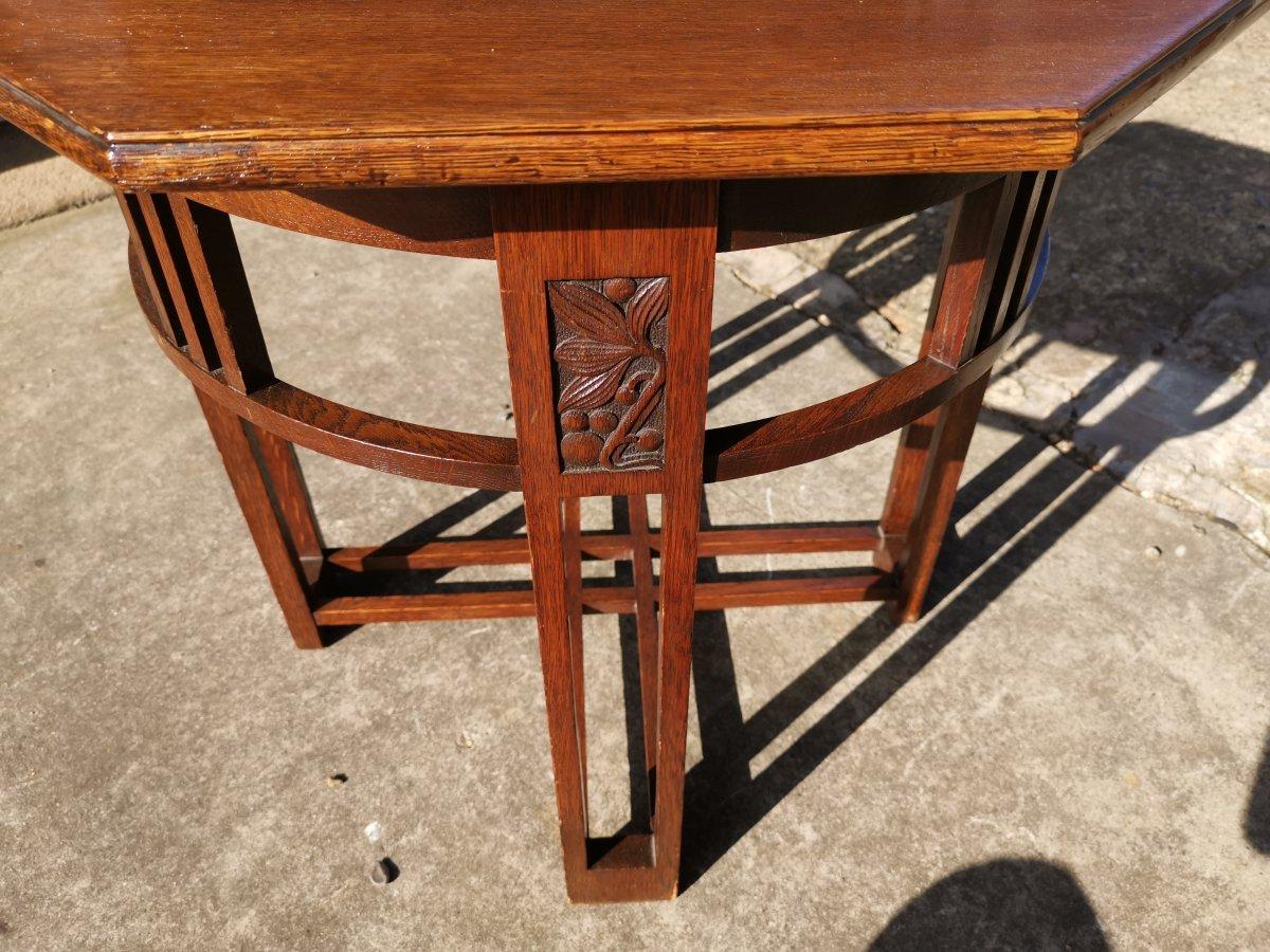 Early 20th Century Arts & Crafts Octagonal Oak Centre or Side Table with Stylized Floral Carving