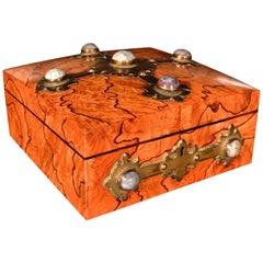 Antique Arts & Crafts Olive Wood Cigar Box Set with Lepidolite Cabochons by Scottish Mak