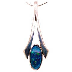 Arts & Crafts Opal Necklace, Sterling Blue Opal Pendant w Sterling Silver Chain