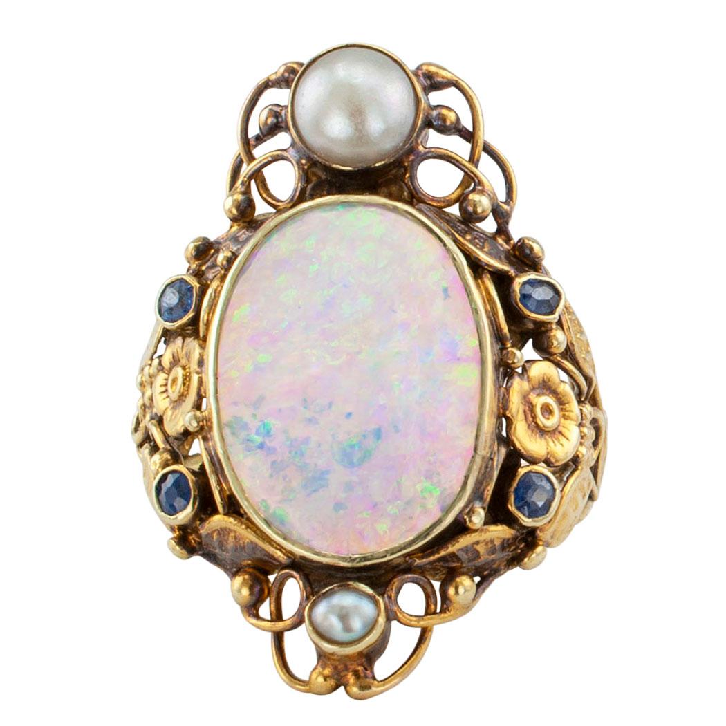 Arts and Crafts Arts & Crafts Opal Pearl Sapphire Gold Ring