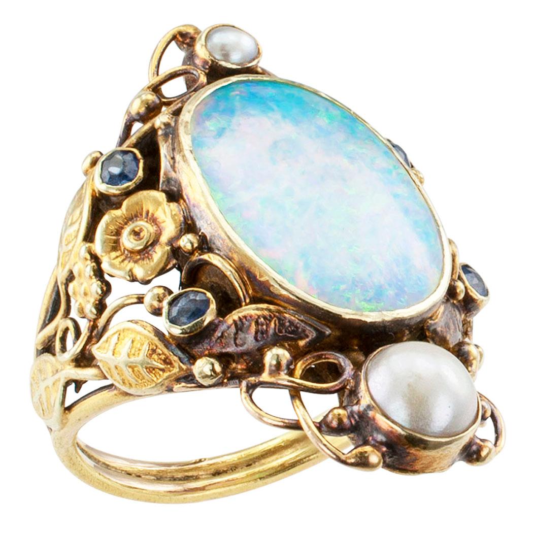 Arts & Crafts Opal Pearl Sapphire Gold Ring