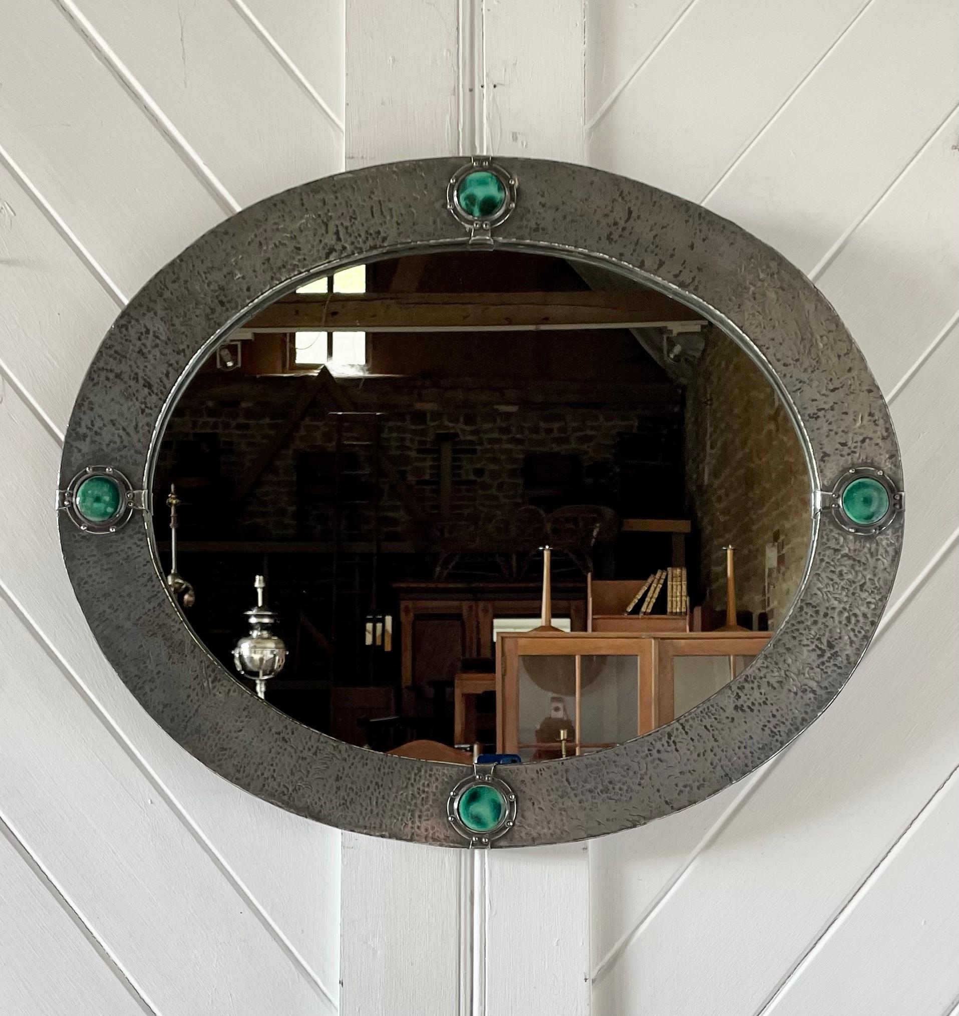 Arts and Crafts Arts & Crafts Oval Pewter Mirror With Inset Ruskin Roundels For Sale