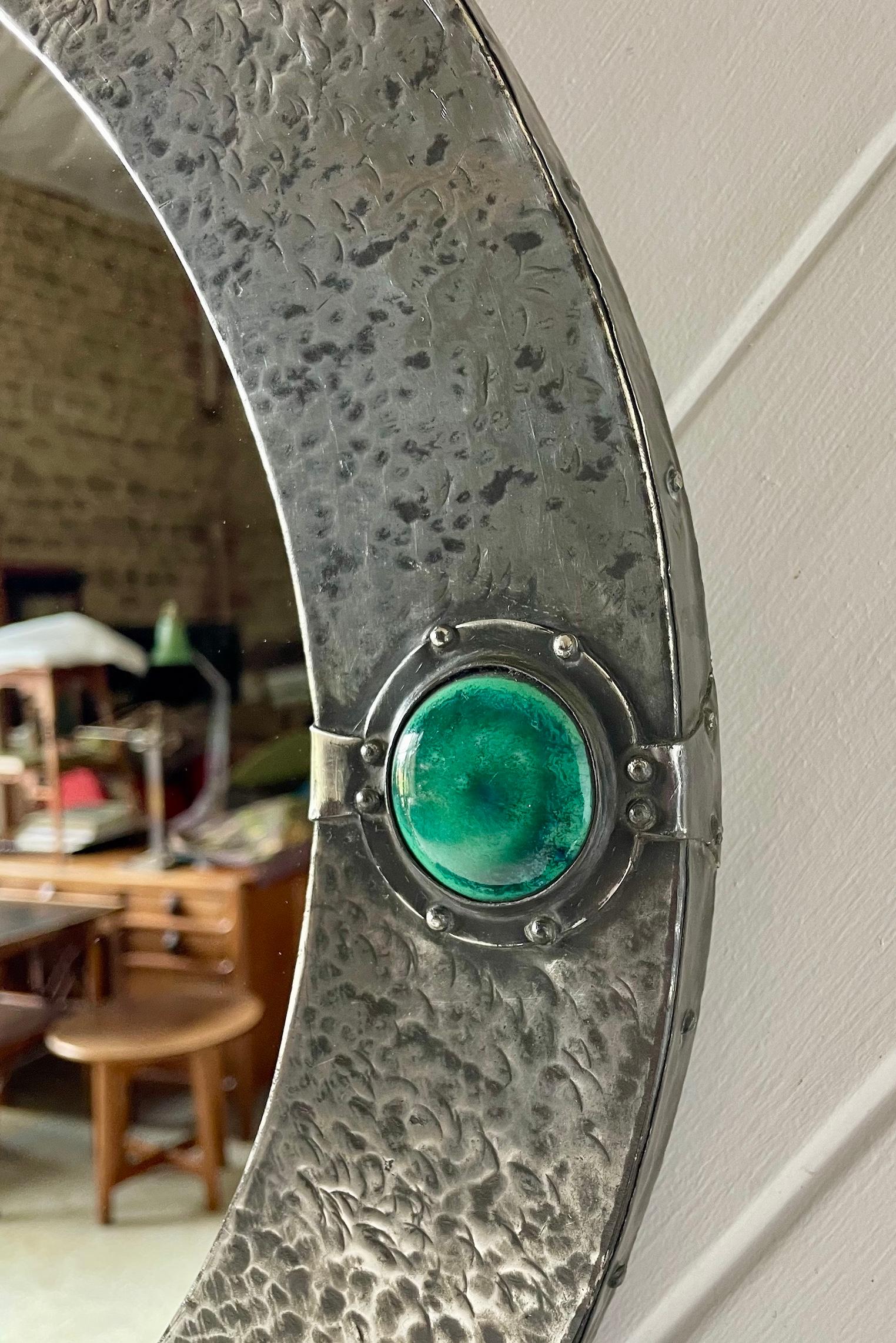 English Arts & Crafts Oval Pewter Mirror With Inset Ruskin Roundels For Sale