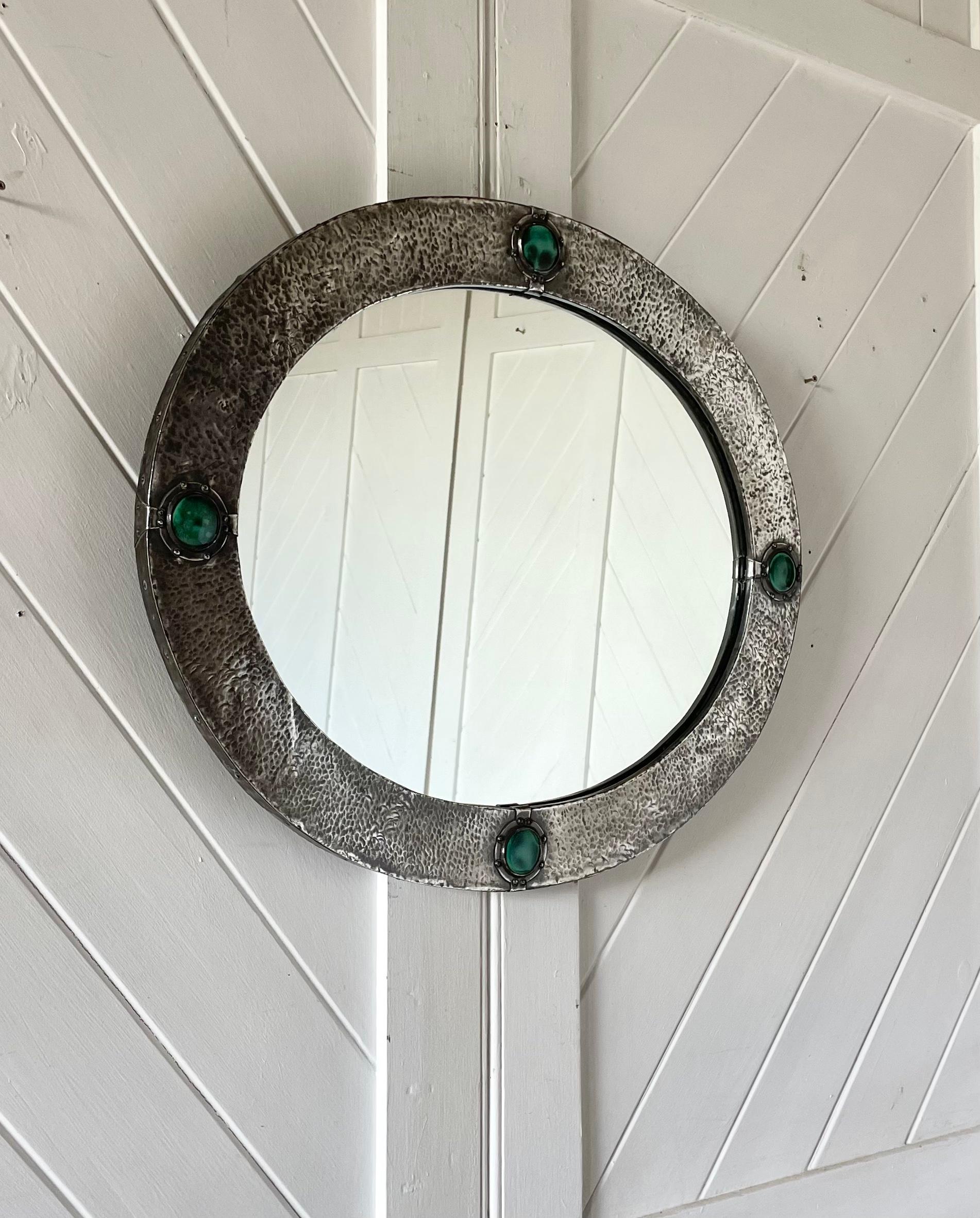 Arts & Crafts Oval Pewter Mirror With Inset Ruskin Roundels In Good Condition For Sale In Petworth, GB