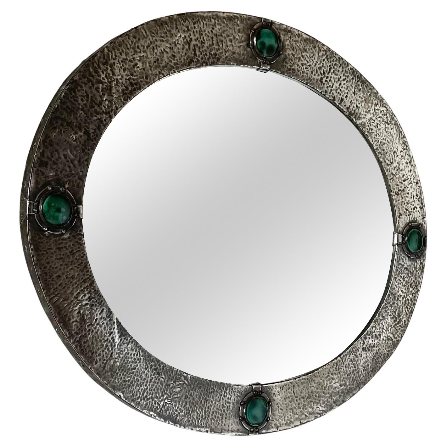Arts & Crafts Oval Pewter Mirror With Inset Ruskin Roundels For Sale