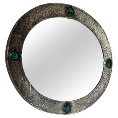 Antique Arts & Crafts Oval Pewter Mirror With Inset Ruskin Roundels