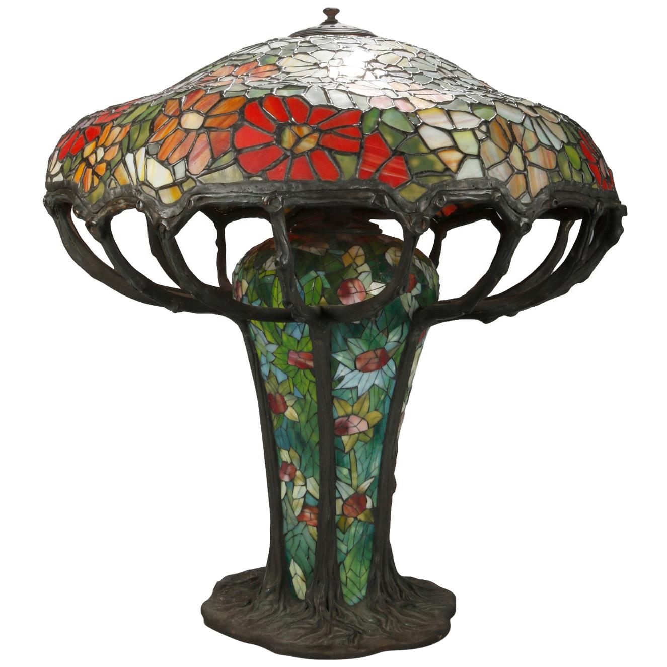 Arts & Crafts Oversized Tiffany School Leaded Mosaic Glass Table Lamp, 20th C