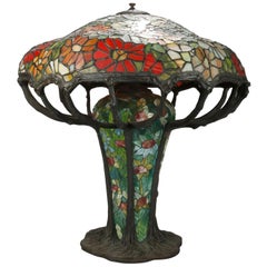 Vintage Arts & Crafts Oversized Tiffany School Leaded Mosaic Glass Table Lamp, 20th C