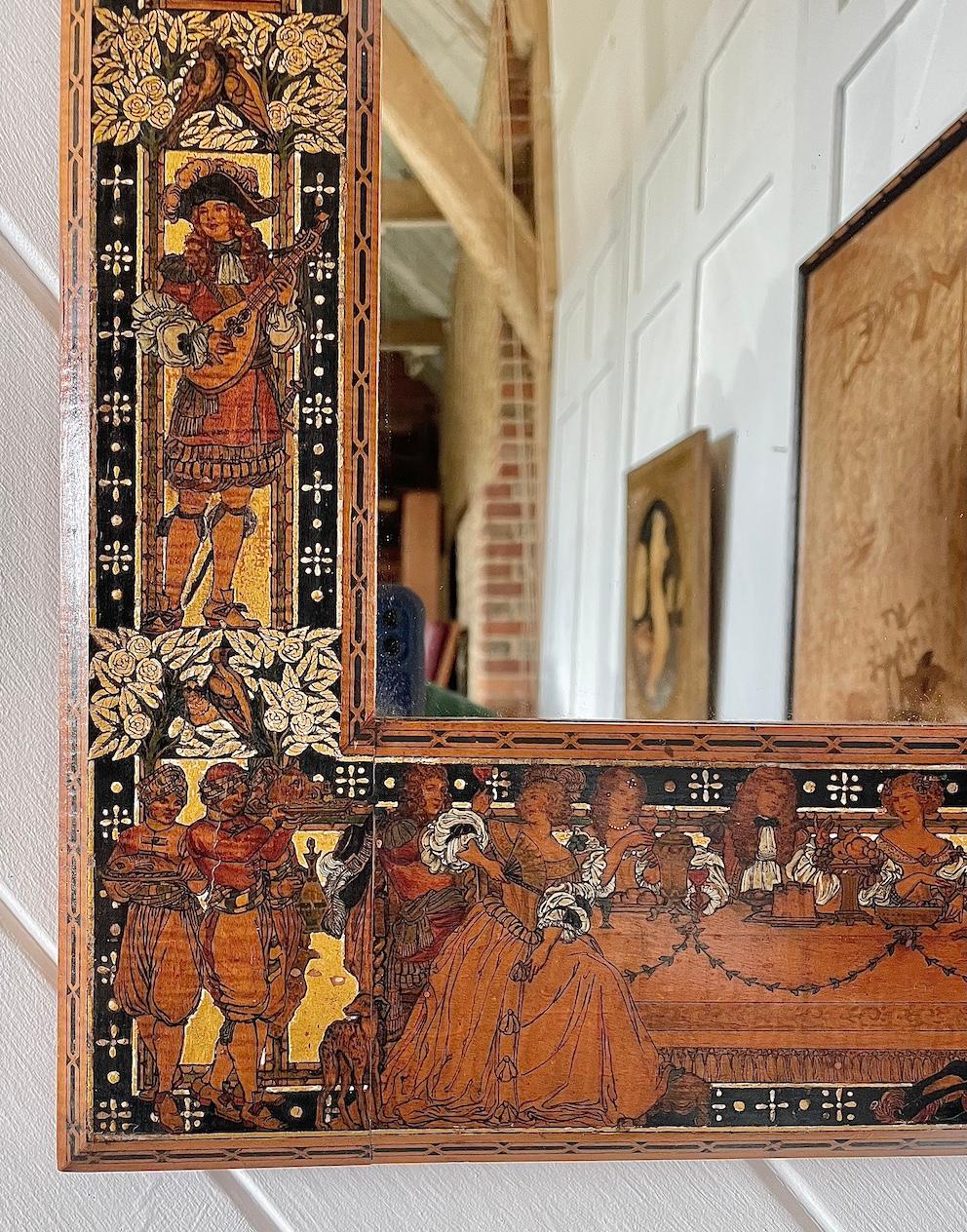 Splendido specchio di qualità finemente dipinto e incorniciato con decorazioni in rilievo in gesso dorato

Possibilmente raffigurante un banchetto di nozze 

Con musicisti, ballerini, cani, bambini, tavolo da banchetto

Con le colombe che segnalano
