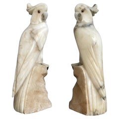 Arts and Crafts Paar handgeschnitzte Alabaster-Cockatoo-/Cockatiel-Skulptur-Buchstützen aus Alabaster