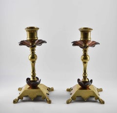 Arts & Crafts Pair of Antique Copper & Brass Candlesticks