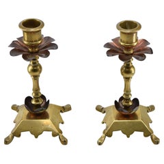 Arts & Crafts Pair of Antique Copper & Brass Candlesticks