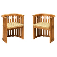 Arts & Crafts Pair of Armchairs in Oak and Braided Straw 