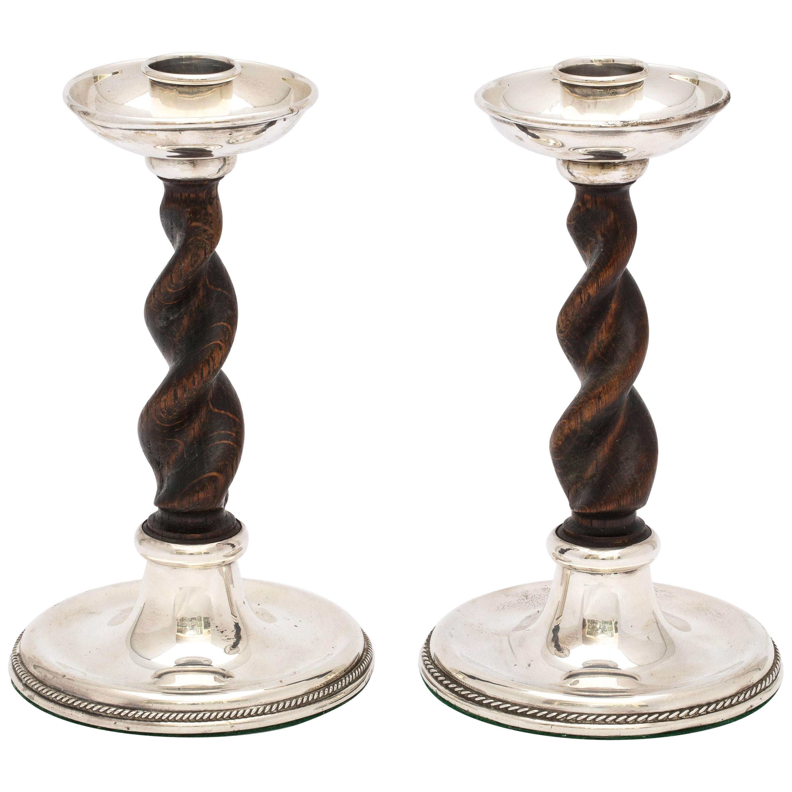 Arts 
Crafts Pair of Sterling Silver-Mounted Wood Barley Twist Candlesticks
