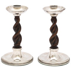 Arts & Crafts Pair of Sterling Silver-Mounted Wood Barley Twist Candlesticks