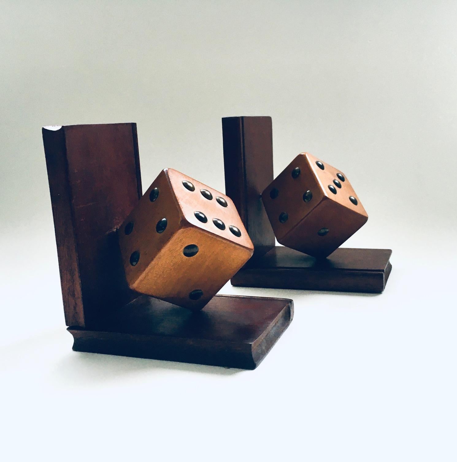 Brass Arts & Crafts pair of wooden Dice Bookends, Belgium 1920's For Sale