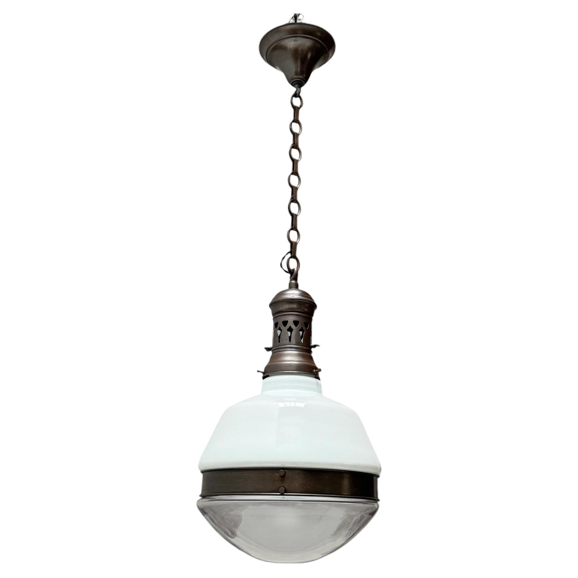 Arts & Crafts Patinated Brass Pendant Lamp with Original Shades, 1930s
