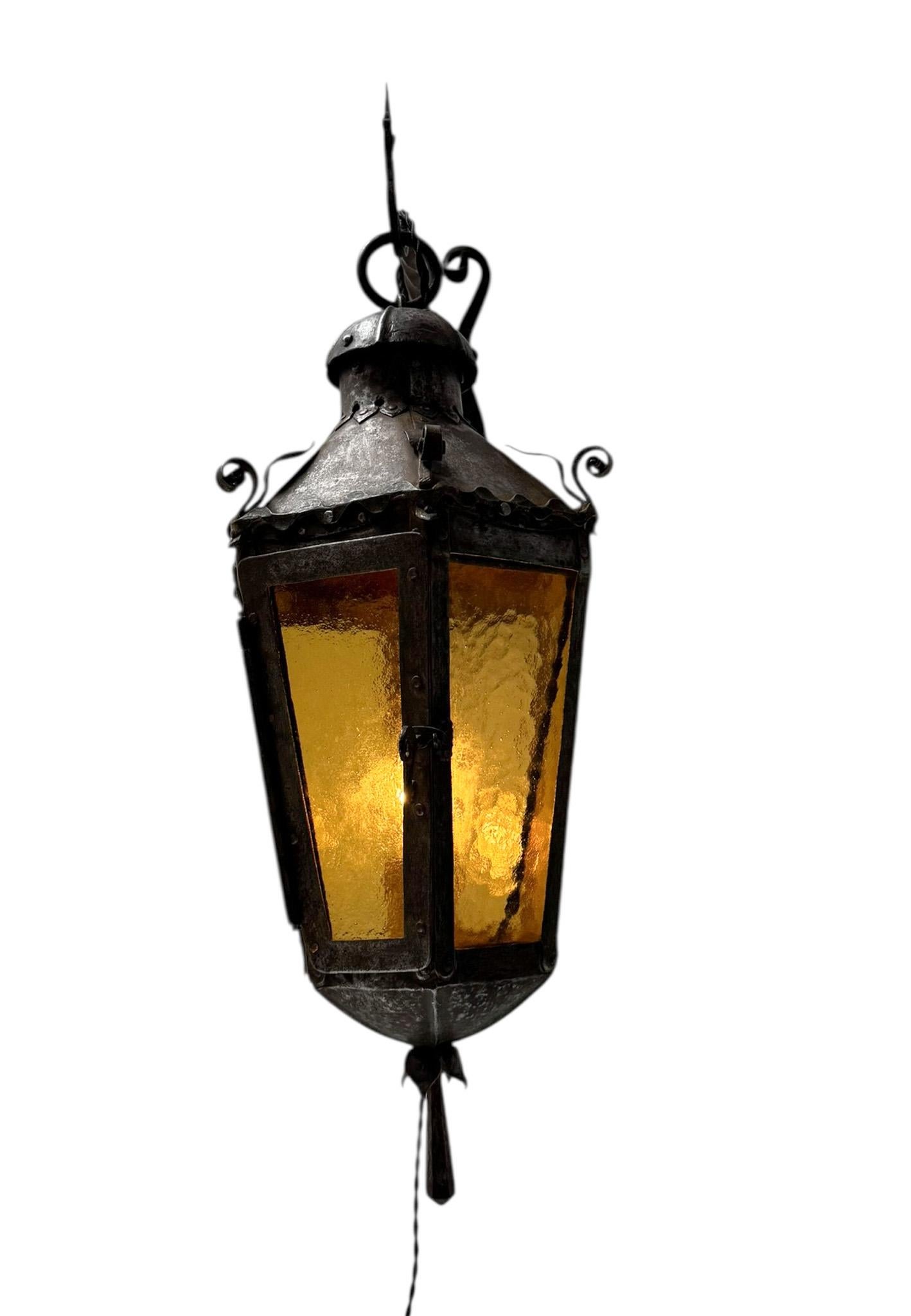 Arts and Crafts Arts & Crafts Patinated Wrought Iron Lantern Wall Light or Sconce For Sale
