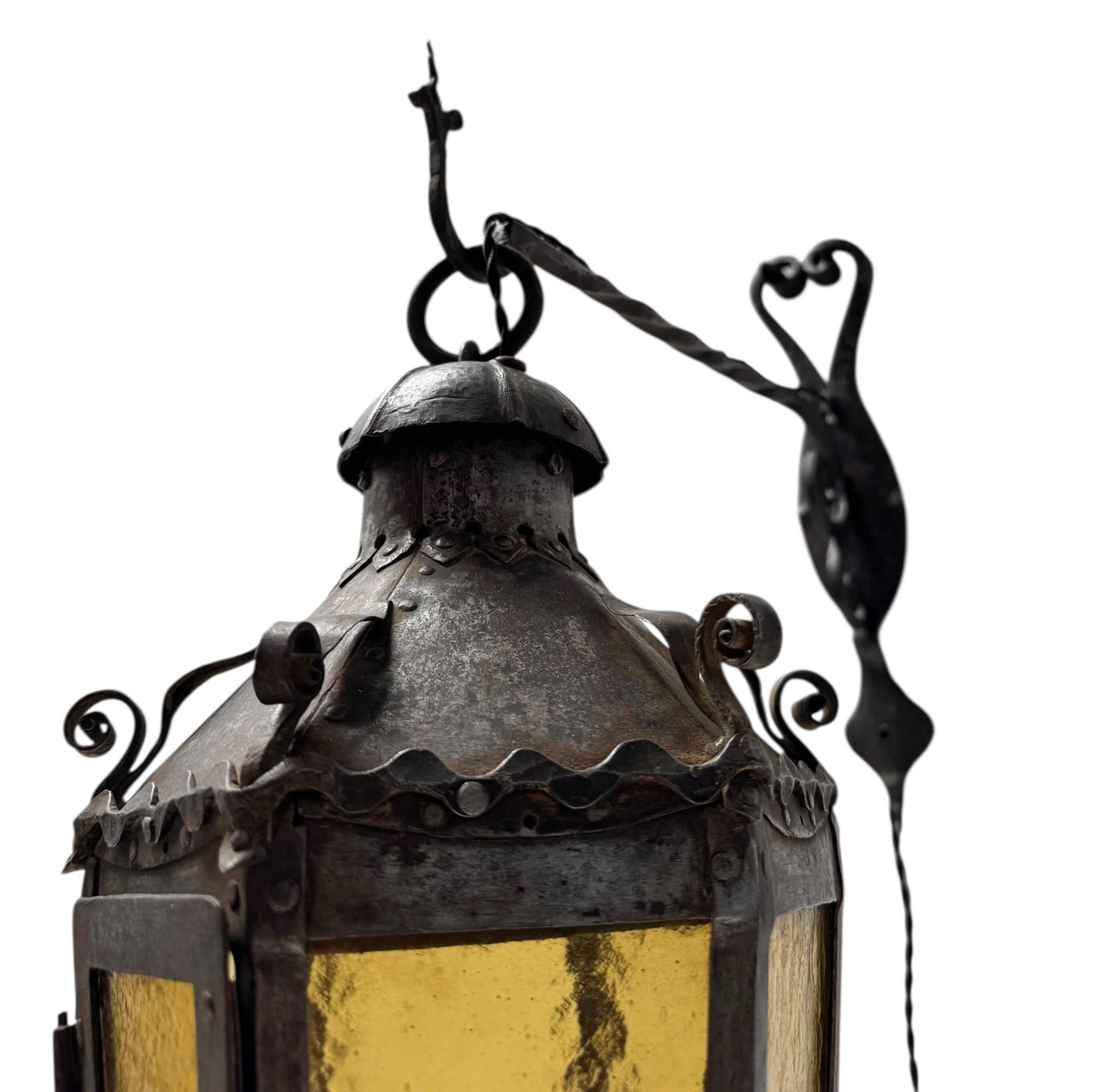 British Arts & Crafts Patinated Wrought Iron Lantern Wall Light or Sconce For Sale