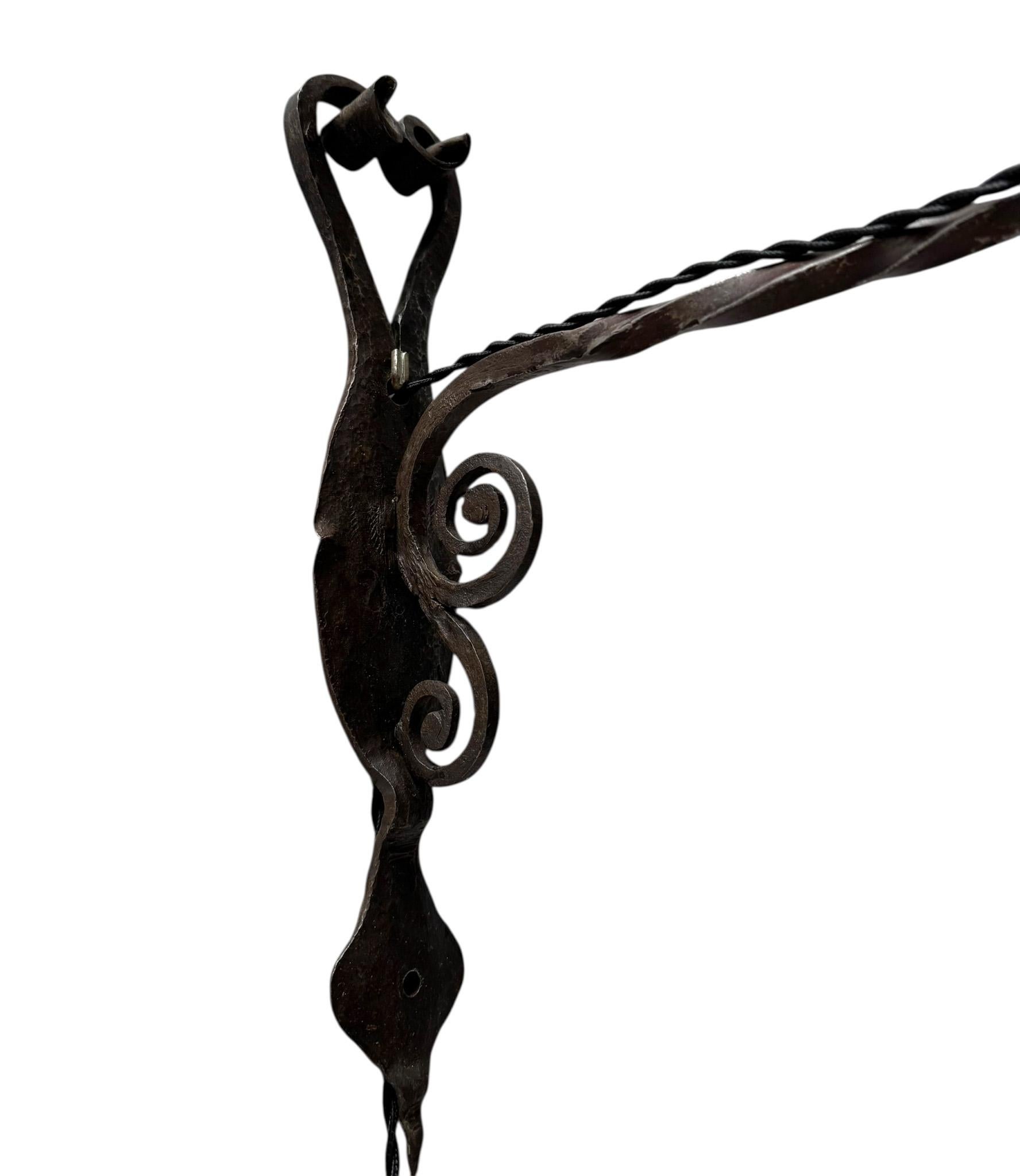 Arts & Crafts Patinated Wrought Iron Lantern Wall Light or Sconce For Sale 1