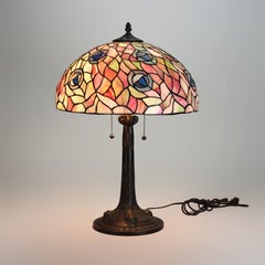 Arts & Crafts Peacock Eye Leaded Stained Glass Table Lamp 20thC