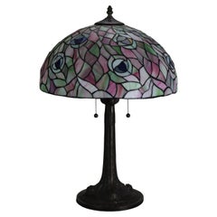 Arts & Crafts Peacock Eye Leaded Stained Glass Table Lamp 20thC