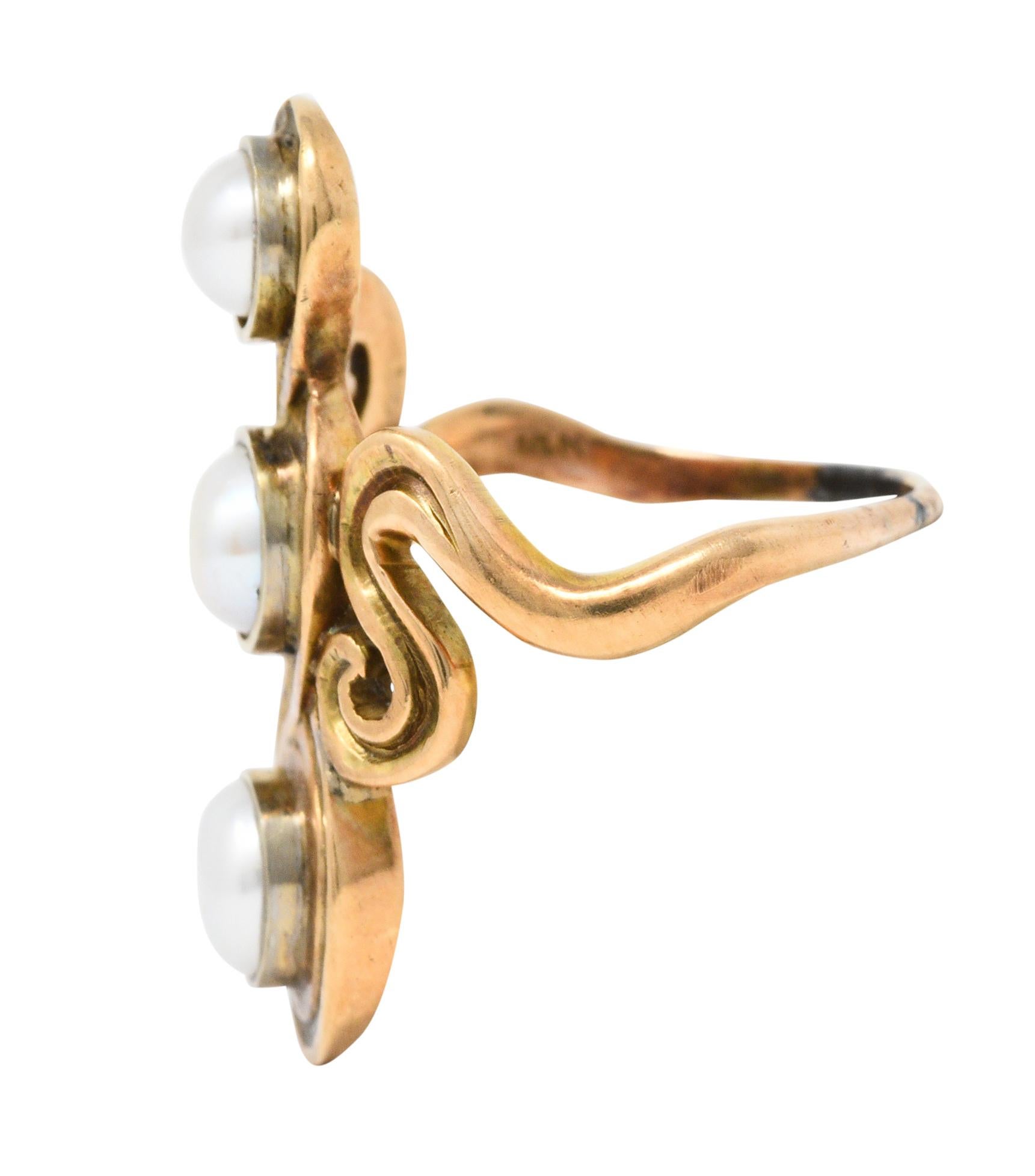 Uncut Arts & Crafts Pearl 14 Karat Gold Scrolling Ring