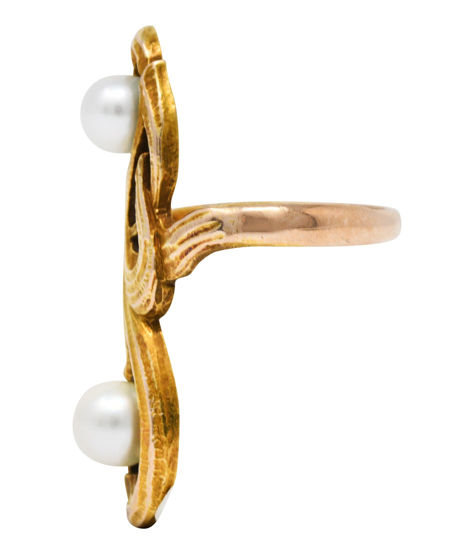 Arts and Crafts Arts & Crafts Pearl 14 Karat Gold Whiplash Foliate Ring