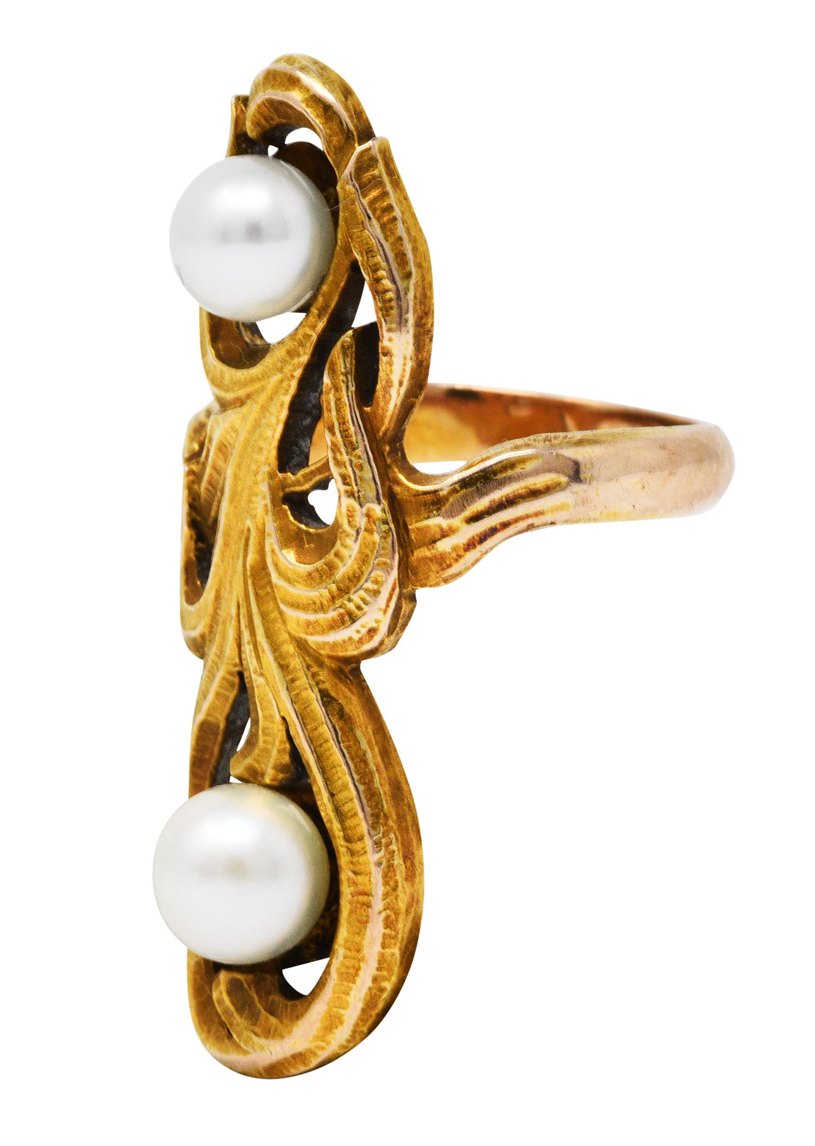 Uncut Arts & Crafts Pearl 14 Karat Gold Whiplash Foliate Ring