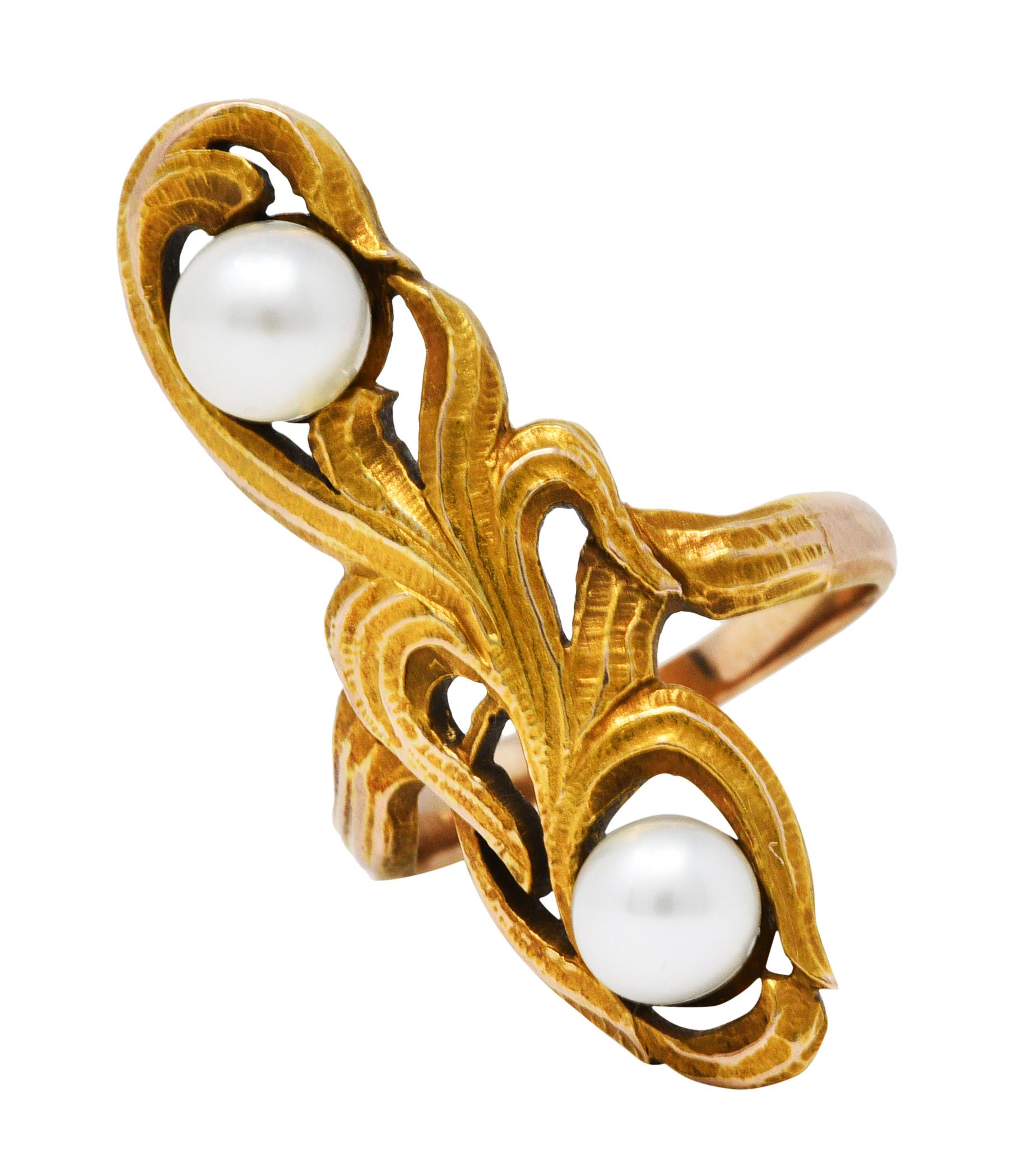 Women's or Men's Arts & Crafts Pearl 14 Karat Gold Whiplash Foliate Ring