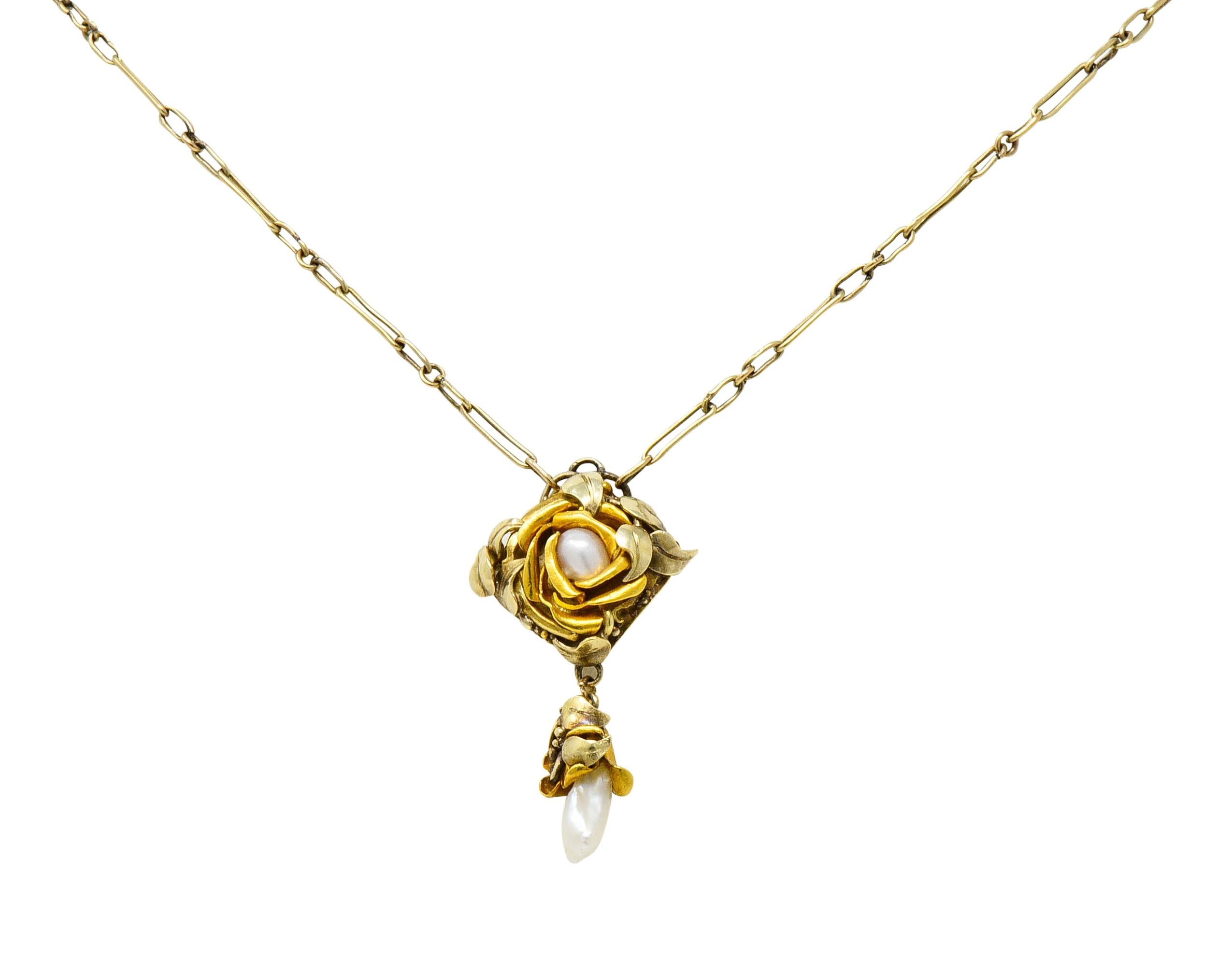 Arts & Crafts Pearl 14 Karat Two-Tone Gold Rose Drop Necklace 3