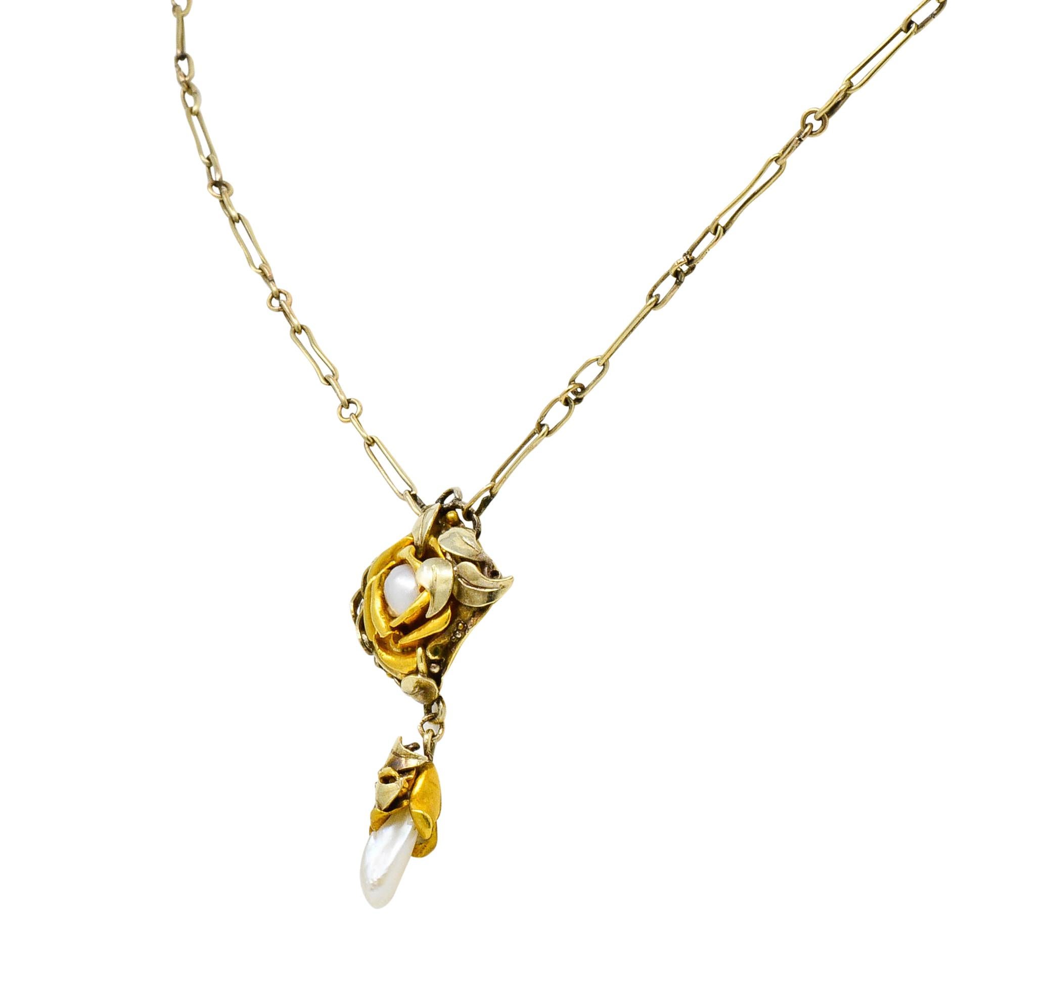 Arts & Crafts Pearl 14 Karat Two-Tone Gold Rose Drop Necklace In Excellent Condition In Philadelphia, PA