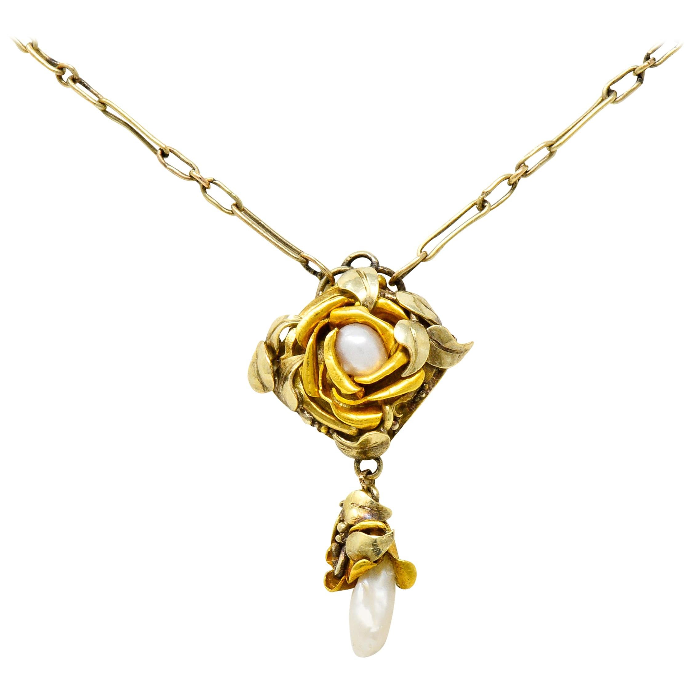Arts & Crafts Pearl 14 Karat Two-Tone Gold Rose Drop Necklace
