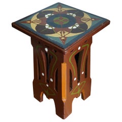 Antique Arts 
Crafts Pedestal Table with Hand Sawn 
Hand Painted Organic Patterns