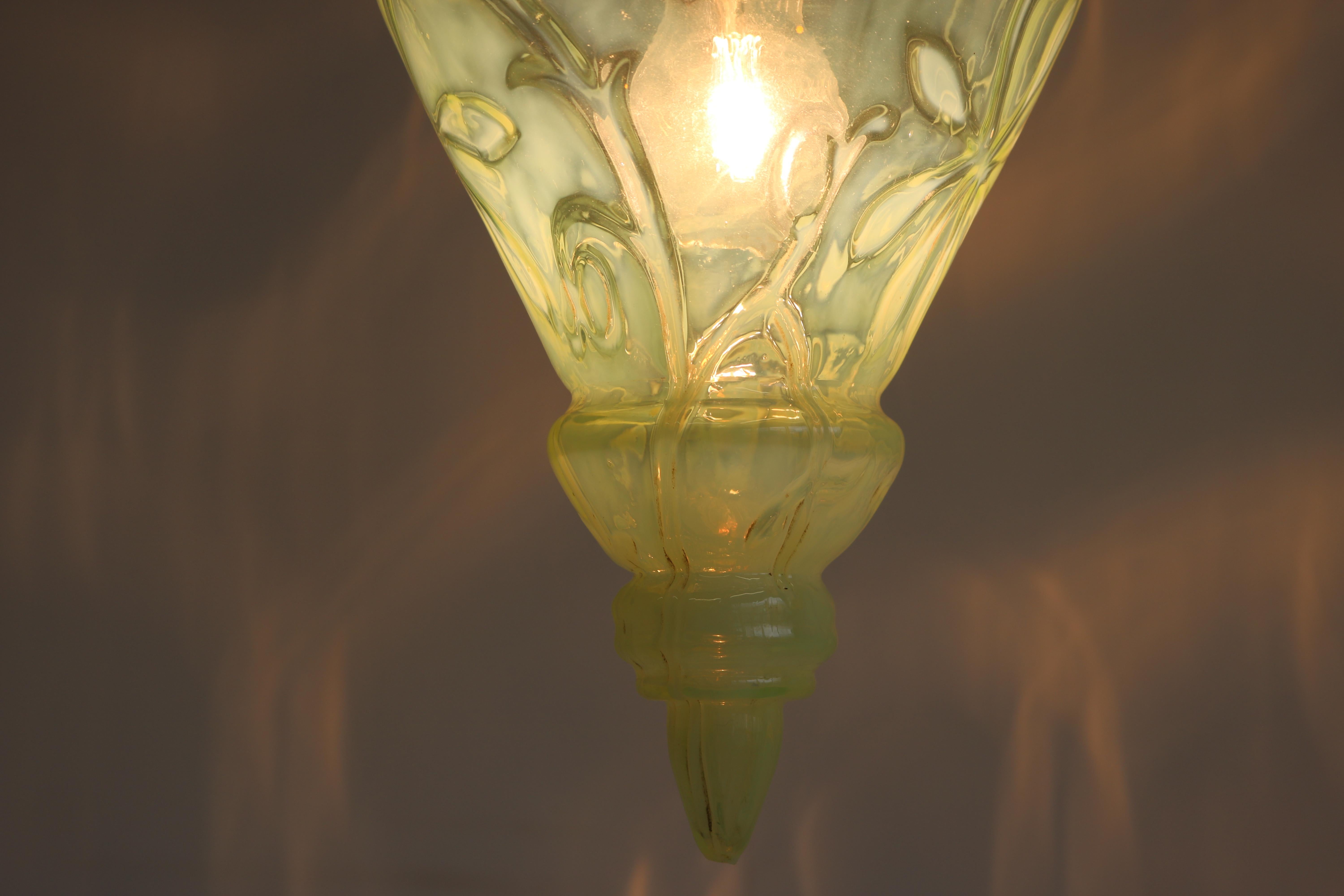 Brass Arts & Crafts Pendant Light by Henry G. Richardson & Sons 1900 Vaseline Glass For Sale