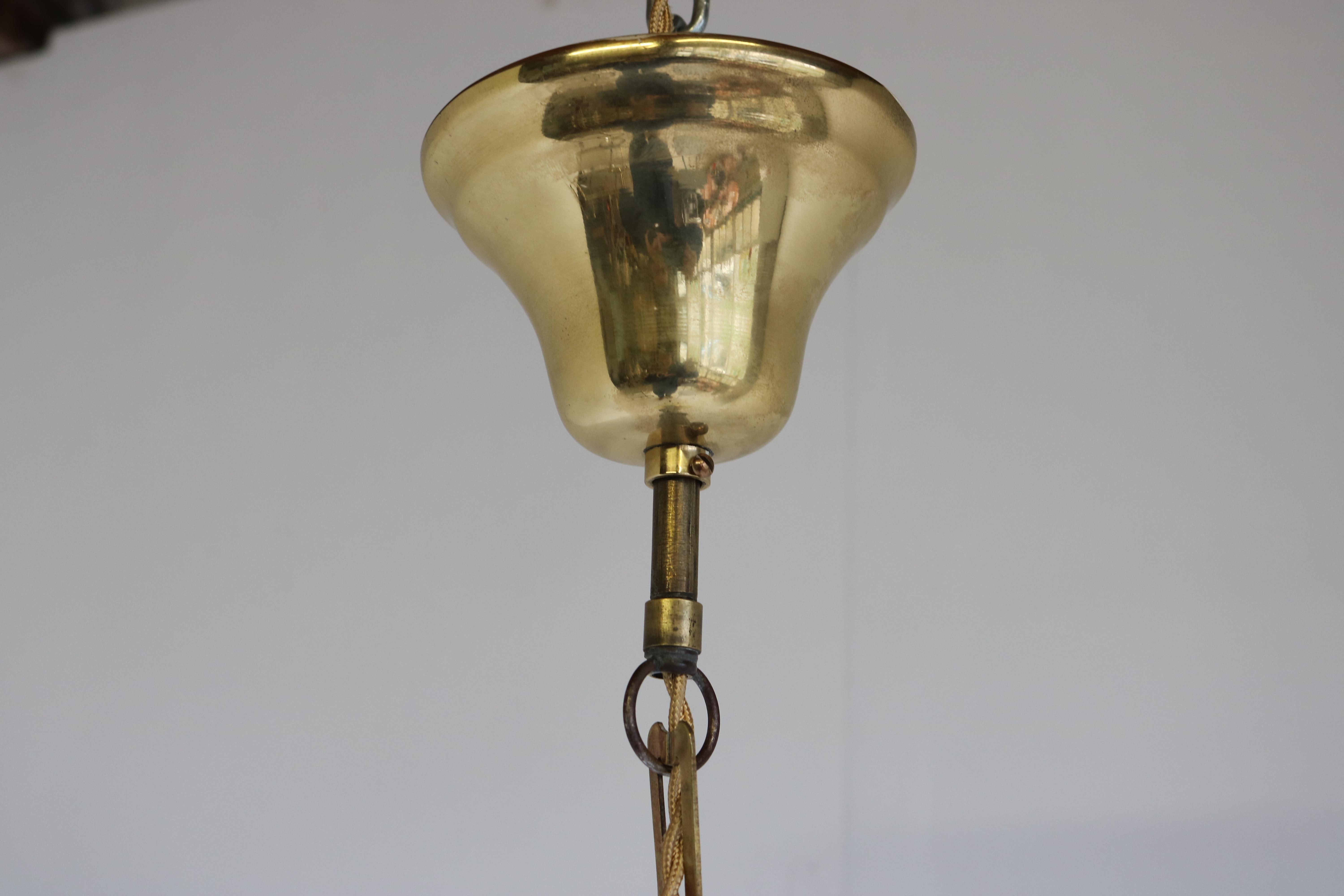 Brass Arts & Crafts Pendant Light by Henry G. Richardson & Sons 1900 Vaseline Glass For Sale
