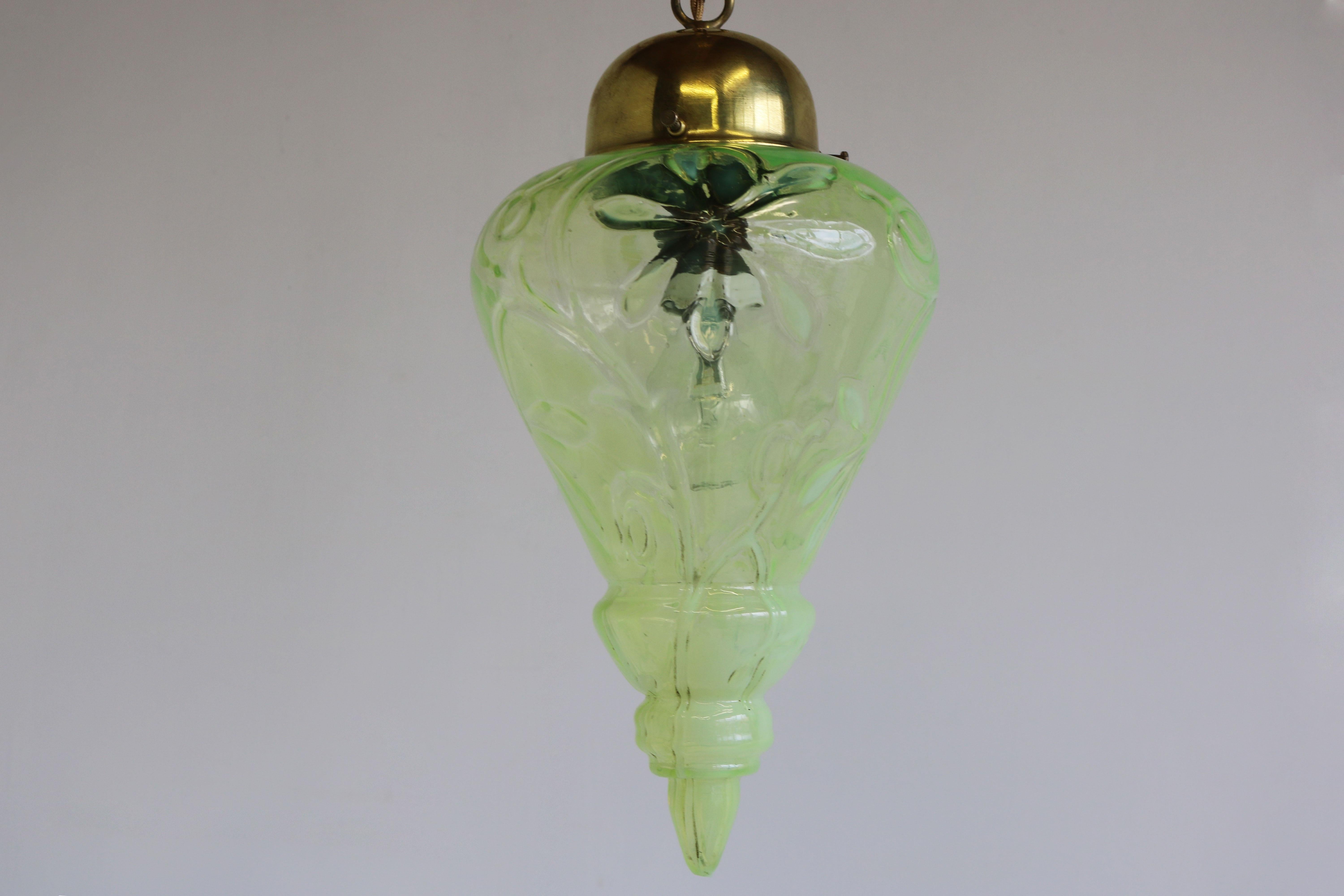 Arts and Crafts Arts & Crafts Pendant Light by Henry G. Richardson & Sons 1900 Vaseline Glass For Sale