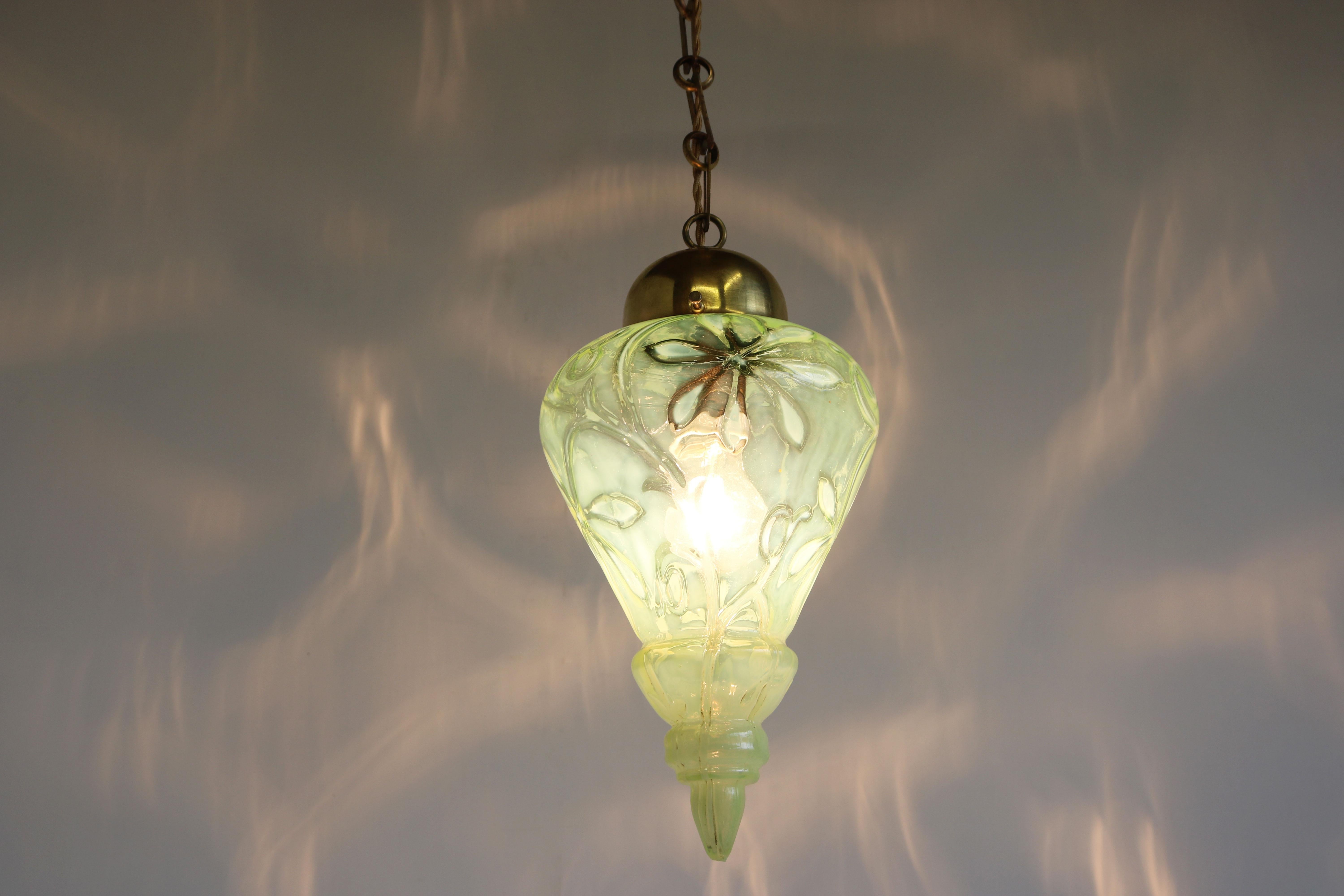 Hand-Crafted Arts & Crafts Pendant Light by Henry G. Richardson & Sons 1900 Vaseline Glass For Sale