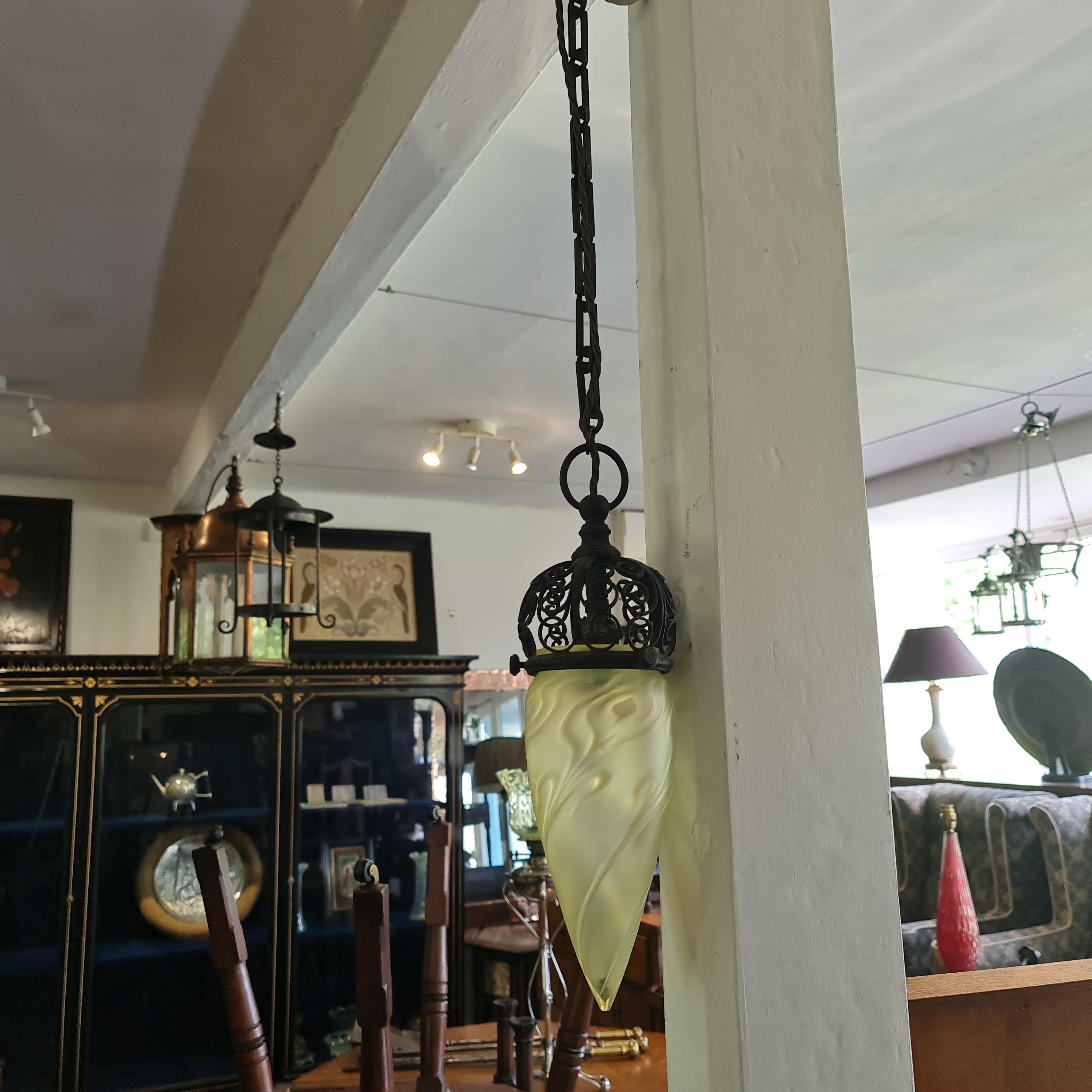 British Arts & Crafts  pendant light fitting with vaseline glass shade For Sale
